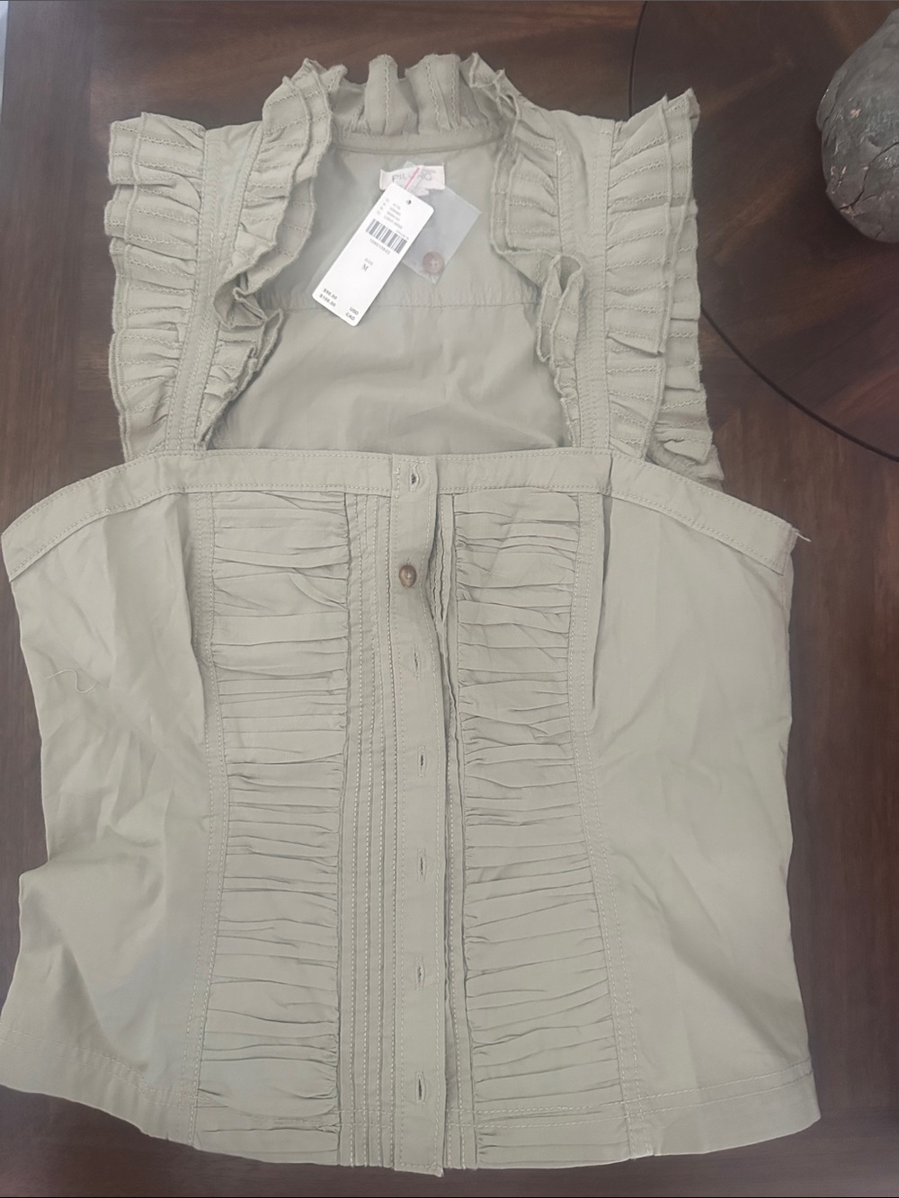 Anthropologie Ruffled Sleeveless Button-Front Top in Light Sage